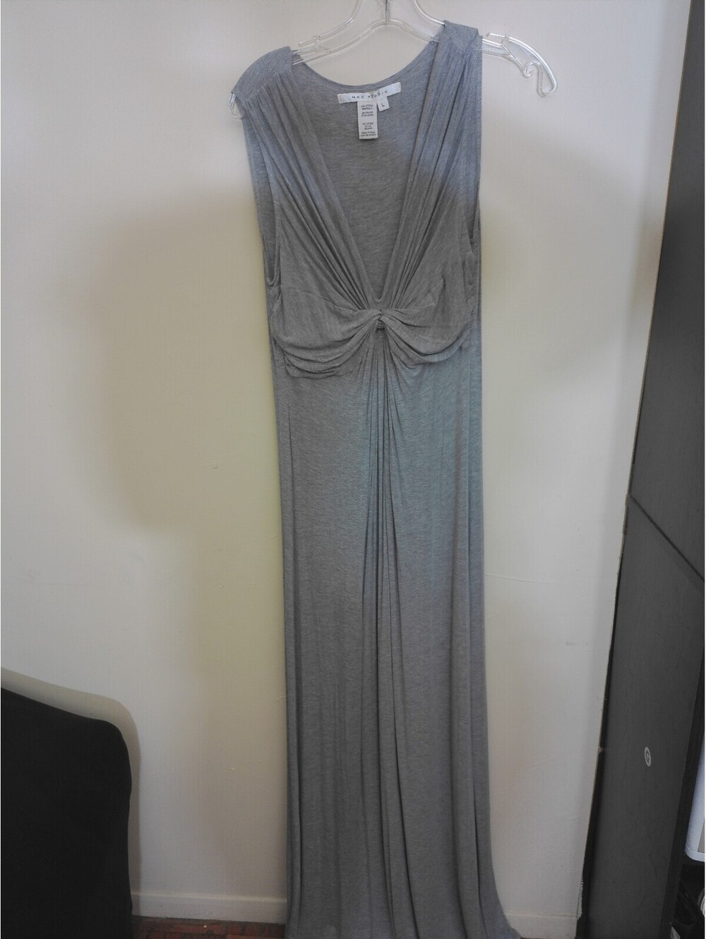Max Studio Maxi Dress Womens Gray L Sleeveless Ruched Knot Front V Neck